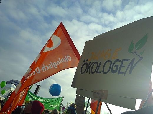 Schild der Jungen Ökologen und ÖDP-Fahne über Menge von Demonstranten